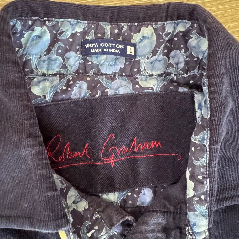 Robert Graham Button Down Shirt Mens Large Navy Blue Corduroy Floral Trim - Picture 2 of 5